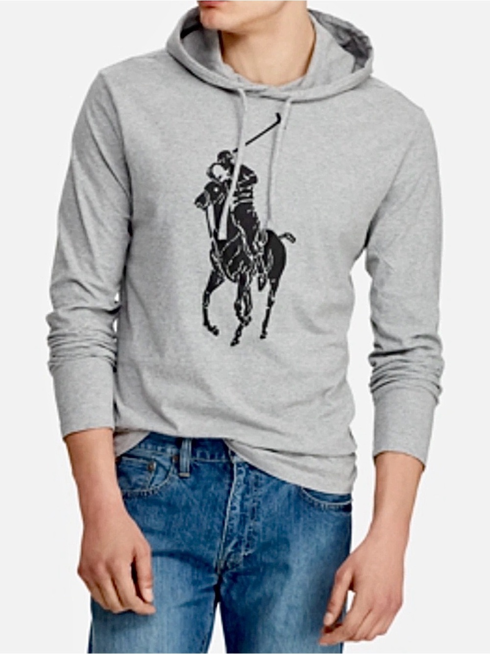 Polo by Ralph Lauren Gray Hooded Long-Sleeve Tee with Polo Player Graphic